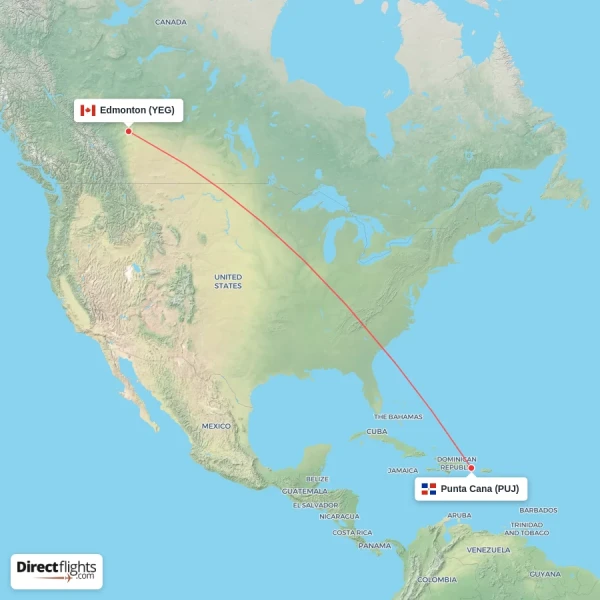 Punta Cana - Edmonton direct flight map