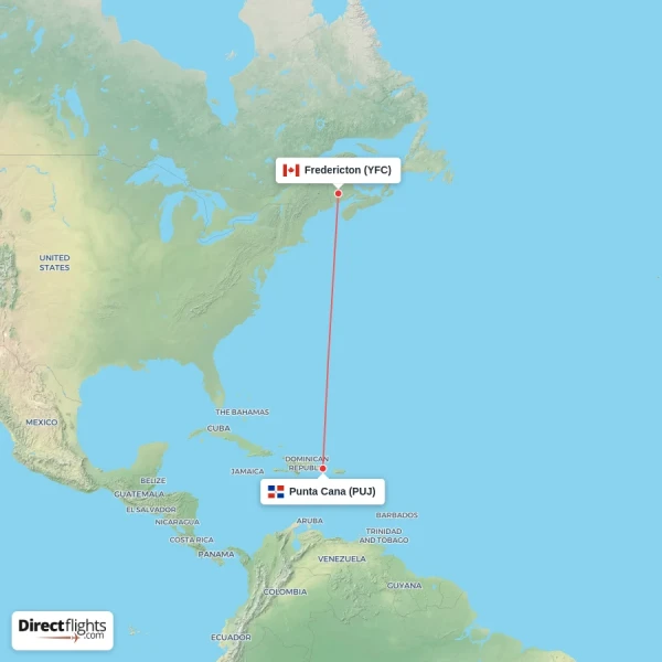 Punta Cana - Fredericton direct flight map
