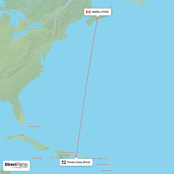 Punta Cana - Halifax direct flight map