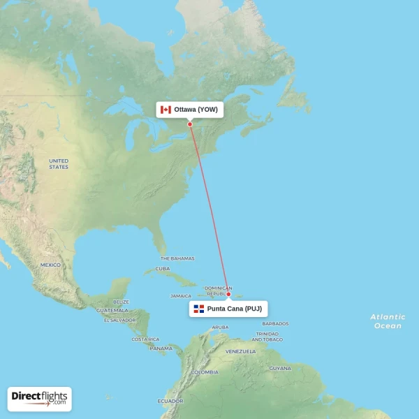 Punta Cana - Ottawa direct flight map