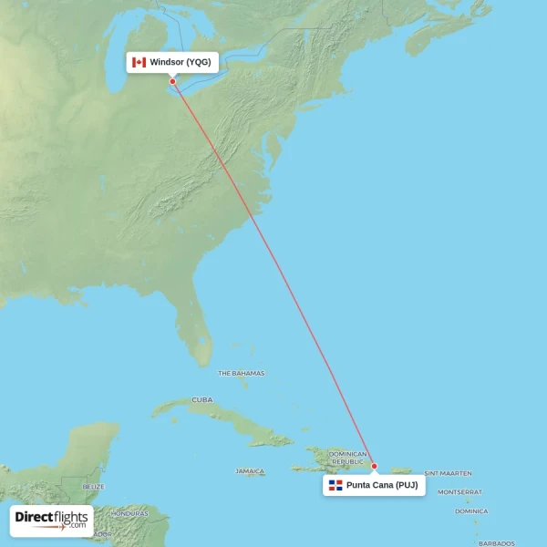 Punta Cana - Windsor direct flight map
