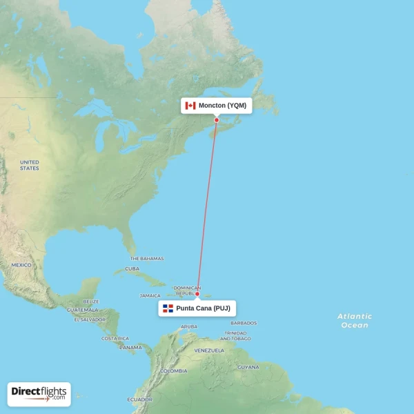 Punta Cana - Moncton direct flight map