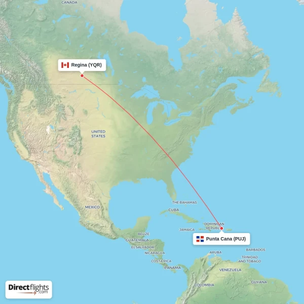Punta Cana - Regina direct flight map