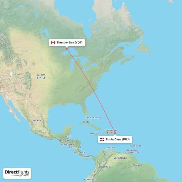 Punta Cana - Thunder Bay direct flight map