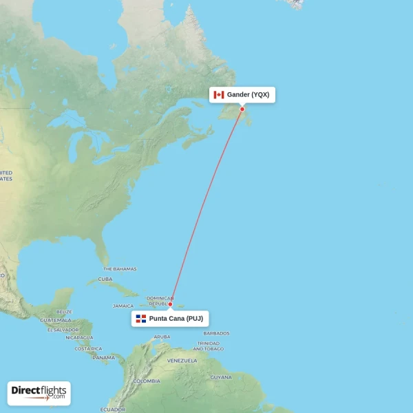Punta Cana - Gander direct flight map