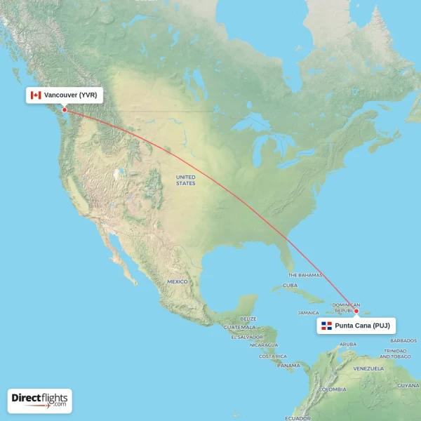 Punta Cana - Vancouver direct flight map