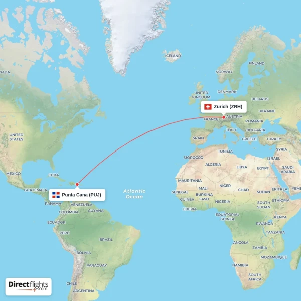 Punta Cana - Zurich direct flight map