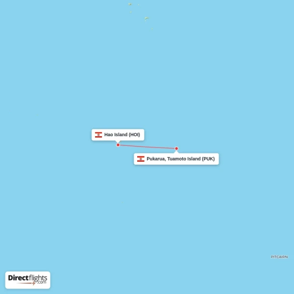 Pukarua, Tuamoto Island - Hao Island direct flight map