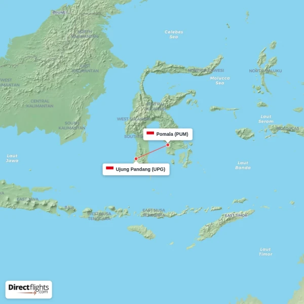 Pomala - Ujung Pandang direct flight map