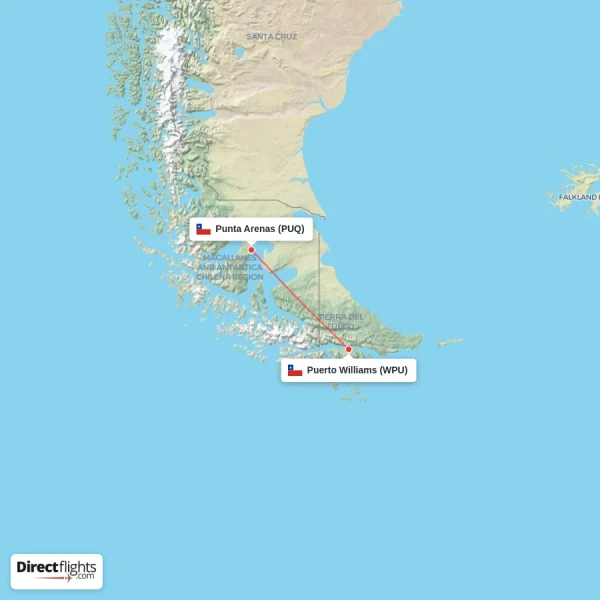 Punta Arenas - Puerto Williams direct flight map