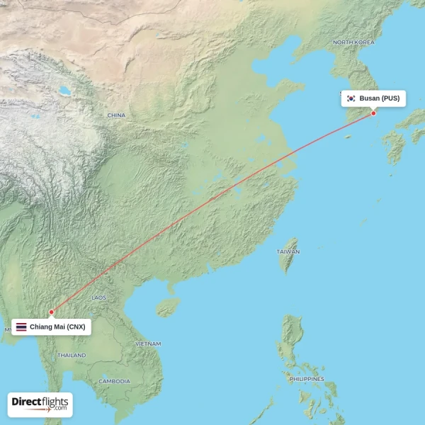 Busan - Chiang Mai direct flight map
