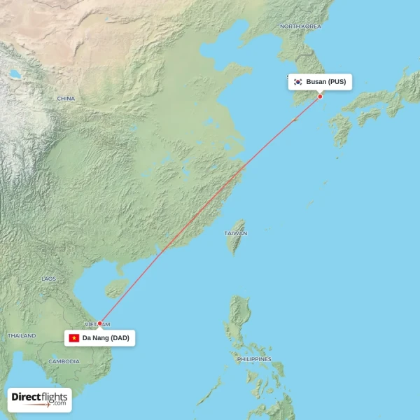 Busan - Da Nang direct flight map