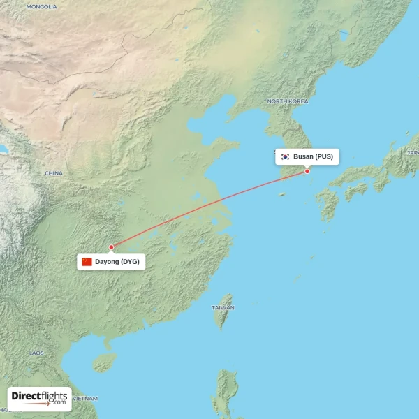 Busan - Dayong direct flight map