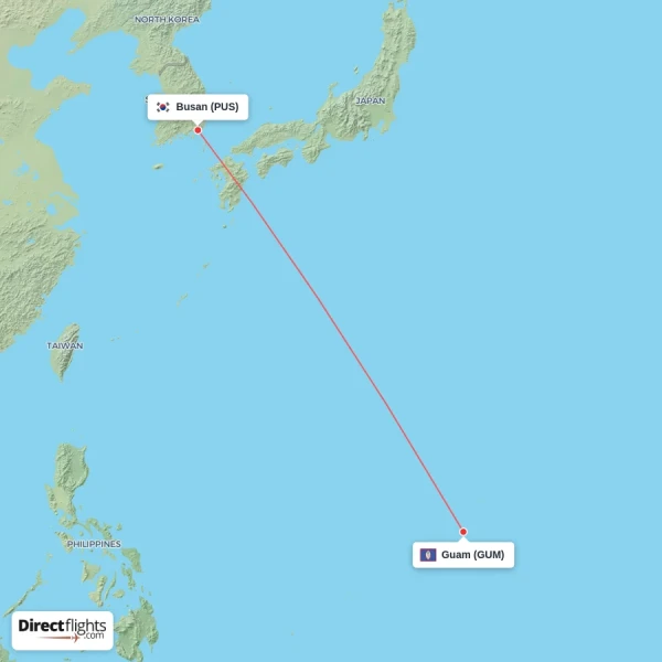 Busan - Guam direct flight map