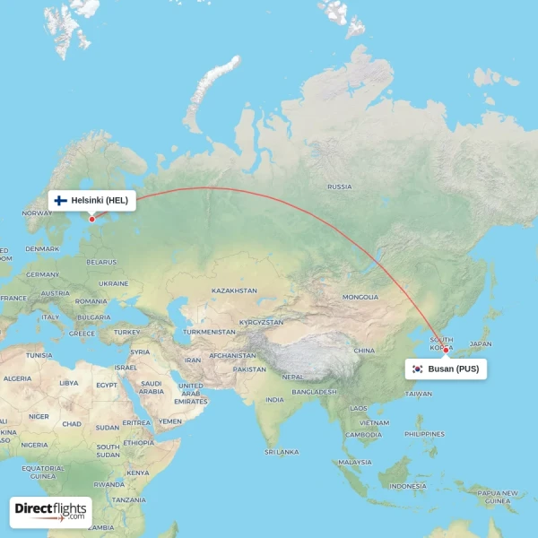 Busan - Helsinki direct flight map