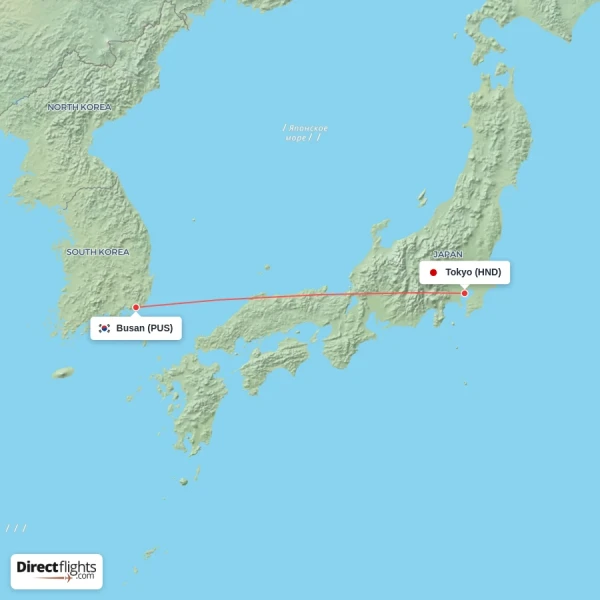 Busan - Tokyo direct flight map