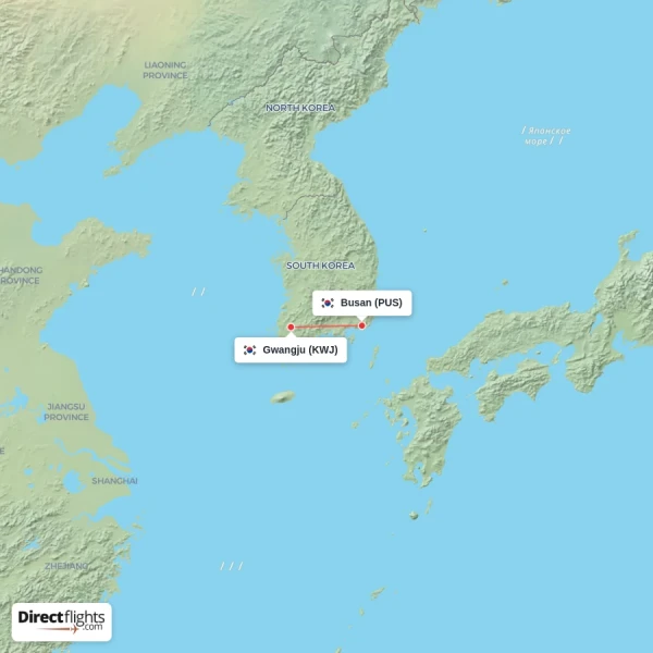Busan - Gwangju direct flight map