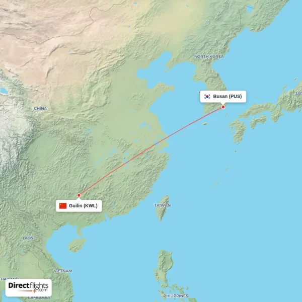 Busan - Guilin direct flight map