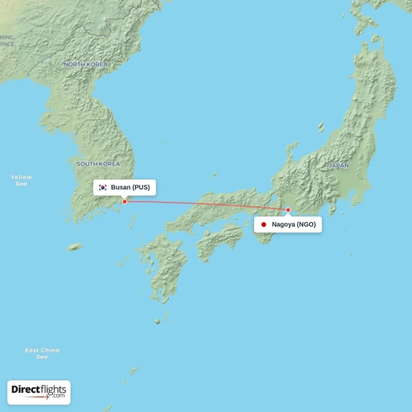 Busan - Nagoya direct flight map
