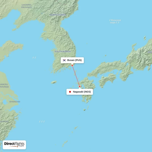 Busan - Nagasaki direct flight map