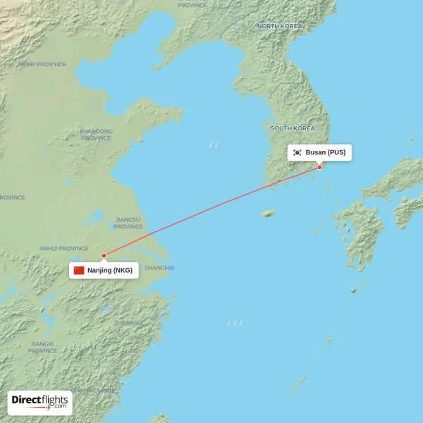 Busan - Nanjing direct flight map