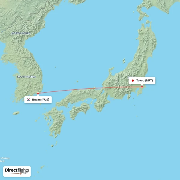 Busan - Tokyo direct flight map