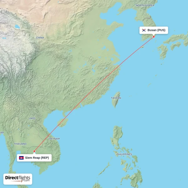 Busan - Siem Reap direct flight map