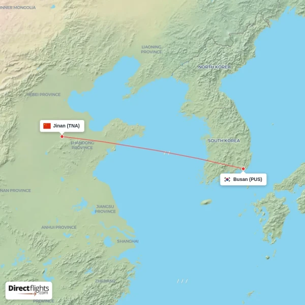 Busan - Jinan direct flight map