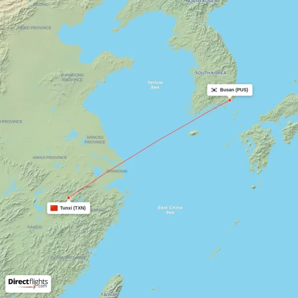 Busan - Tunxi direct flight map