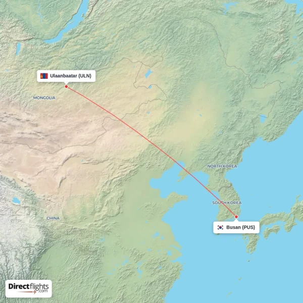 Busan - Ulaanbaatar direct flight map