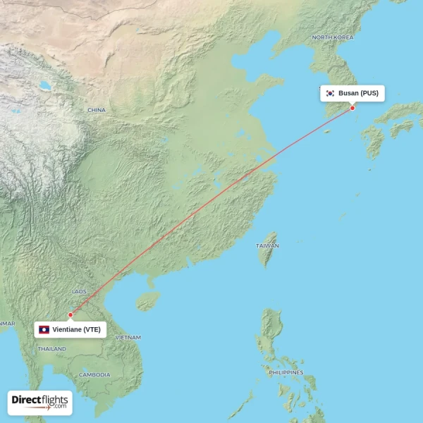 Busan - Vientiane direct flight map