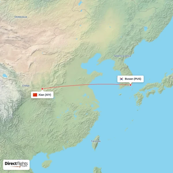 Busan - Xian direct flight map