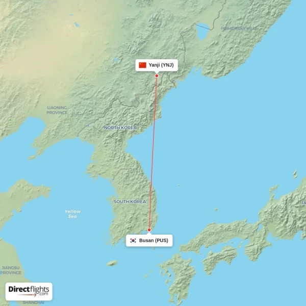Busan - Yanji direct flight map