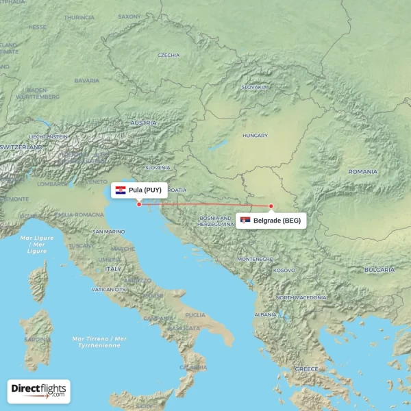 Pula - Belgrade direct flight map