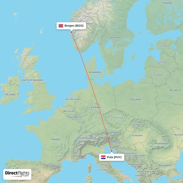 Pula - Bergen direct flight map