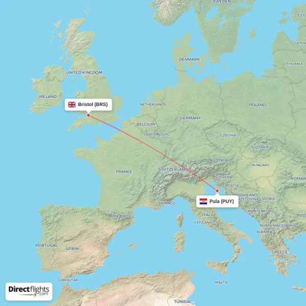 Pula - Bristol direct flight map