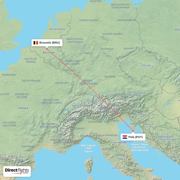 Pula - Brussels direct flight map