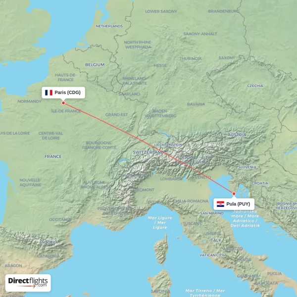 Pula - Paris direct flight map