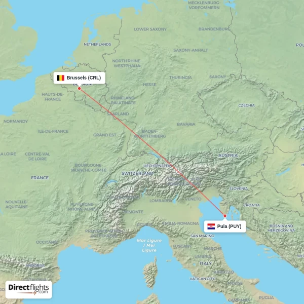 Pula - Brussels direct flight map