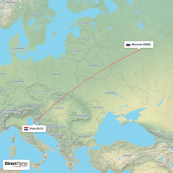 Pula - Moscow direct flight map