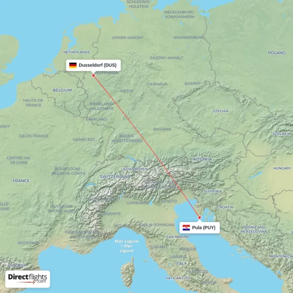 Pula - Dusseldorf direct flight map