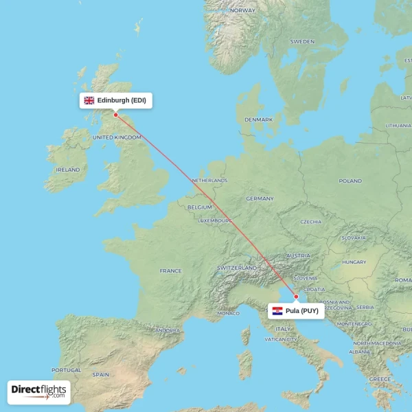 Pula - Edinburgh direct flight map