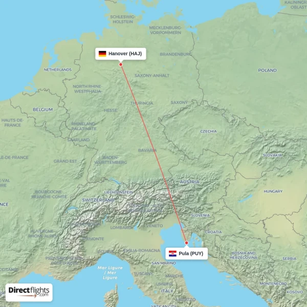 Pula - Hanover direct flight map