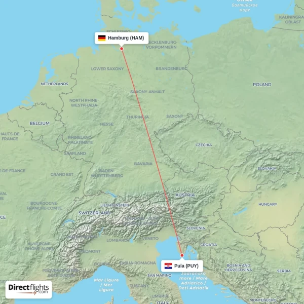 Pula - Hamburg direct flight map