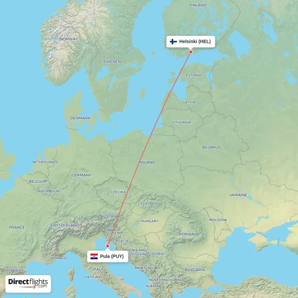 Pula - Helsinki direct flight map