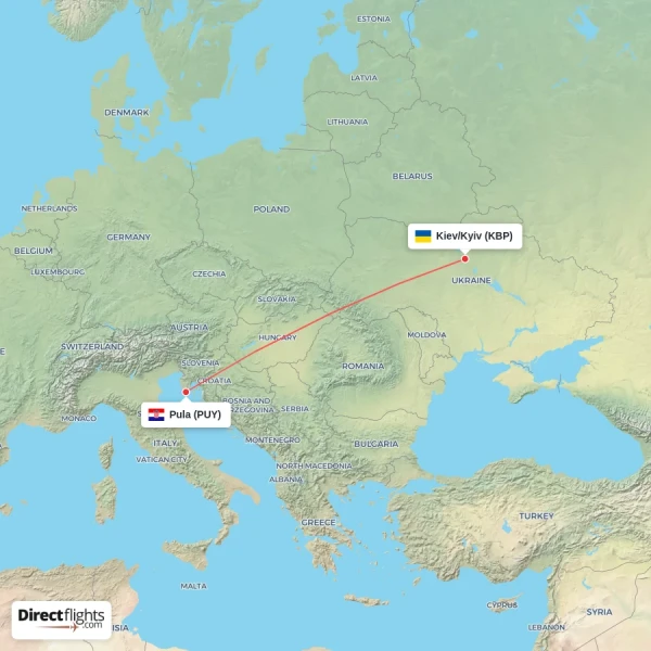 Pula - Kiev/Kyiv direct flight map