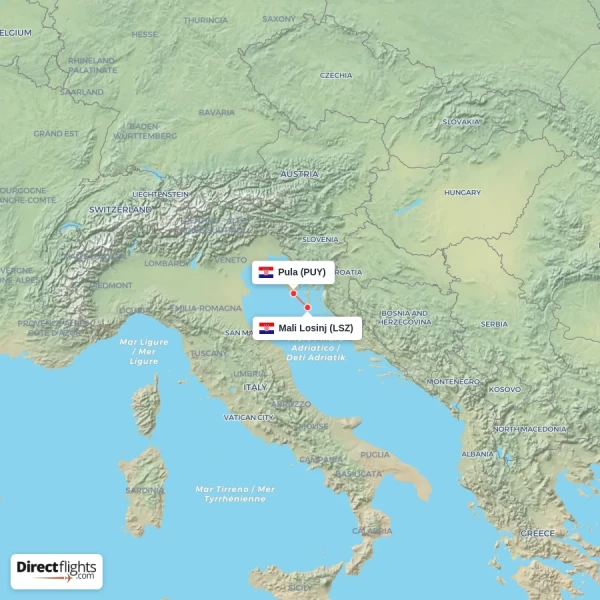 Pula - Mali Losinj direct flight map