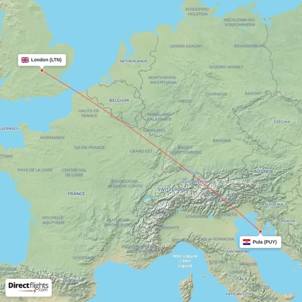 Pula - London direct flight map