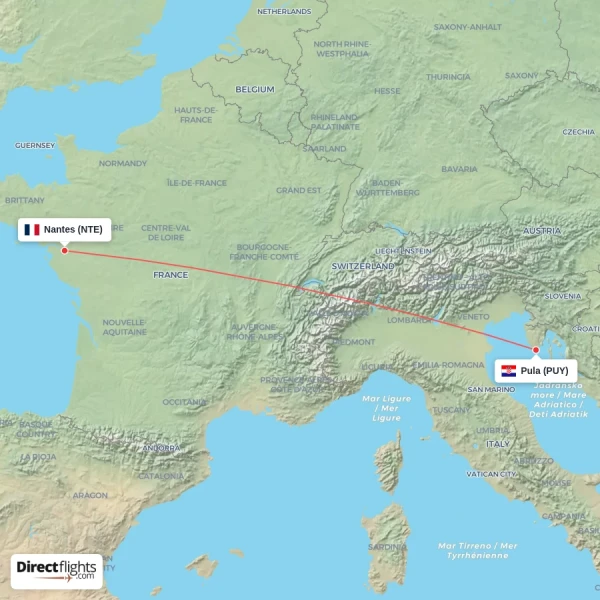 Pula - Nantes direct flight map