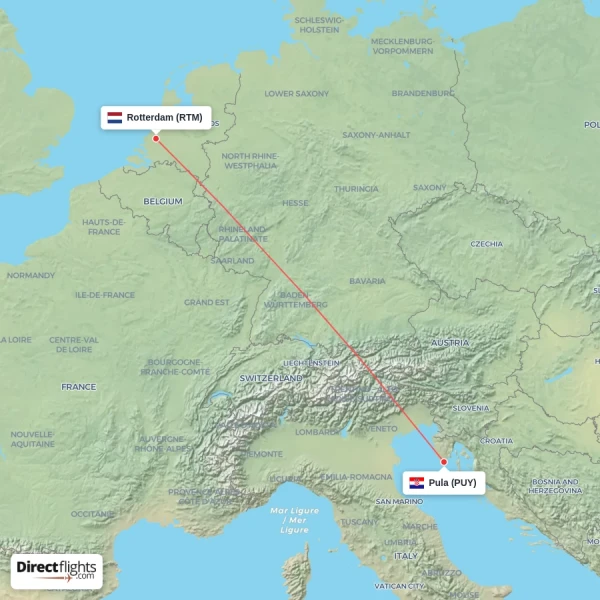 Pula - Rotterdam direct flight map